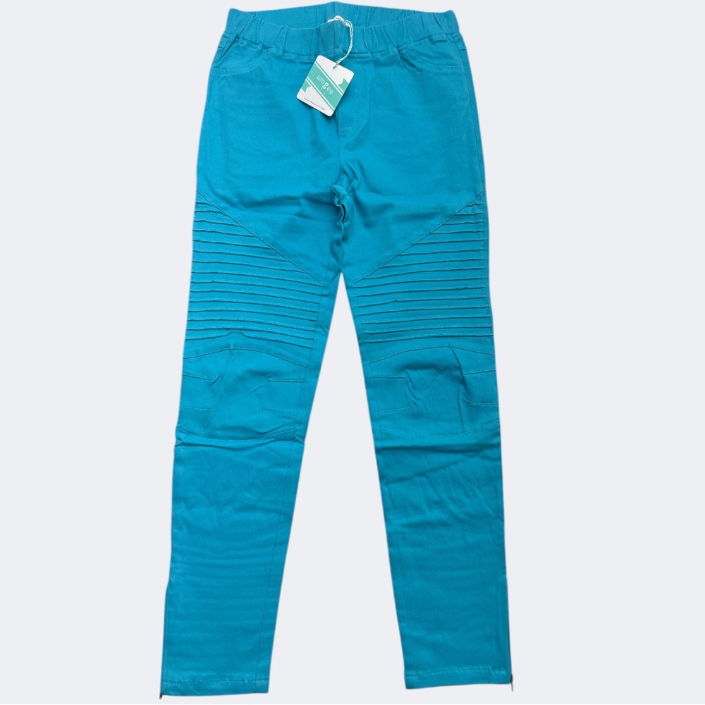 Umgee Pants Women Teal Moto Leggings Pull On Stretch Ankle Zip Cuff Back Pockets